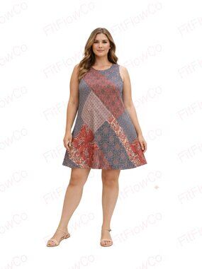 Nina Leonard Patchwork A-Line Dress XL Sleeveless Pockets Multicolor